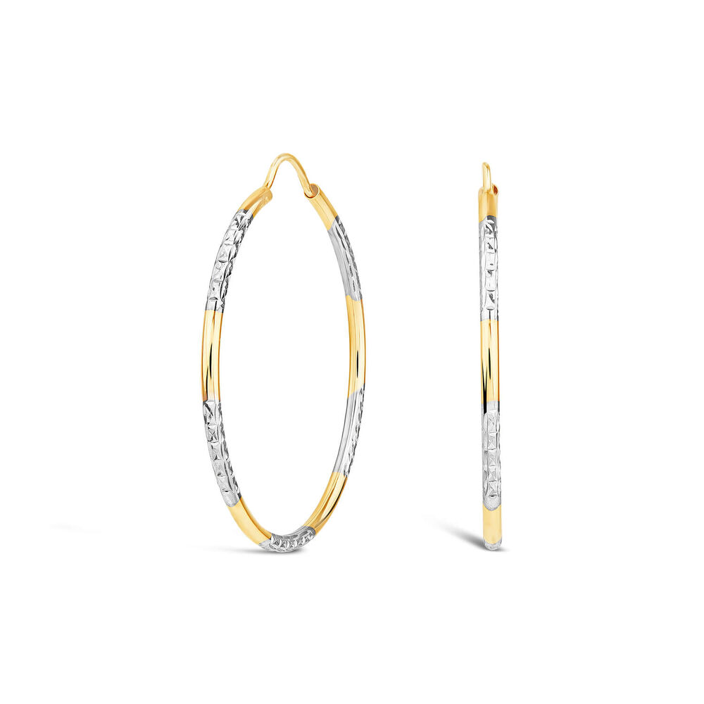 9ct Yellow & White Gold 30mm Diamond Cut & Polished Hoop Earrings image number 0