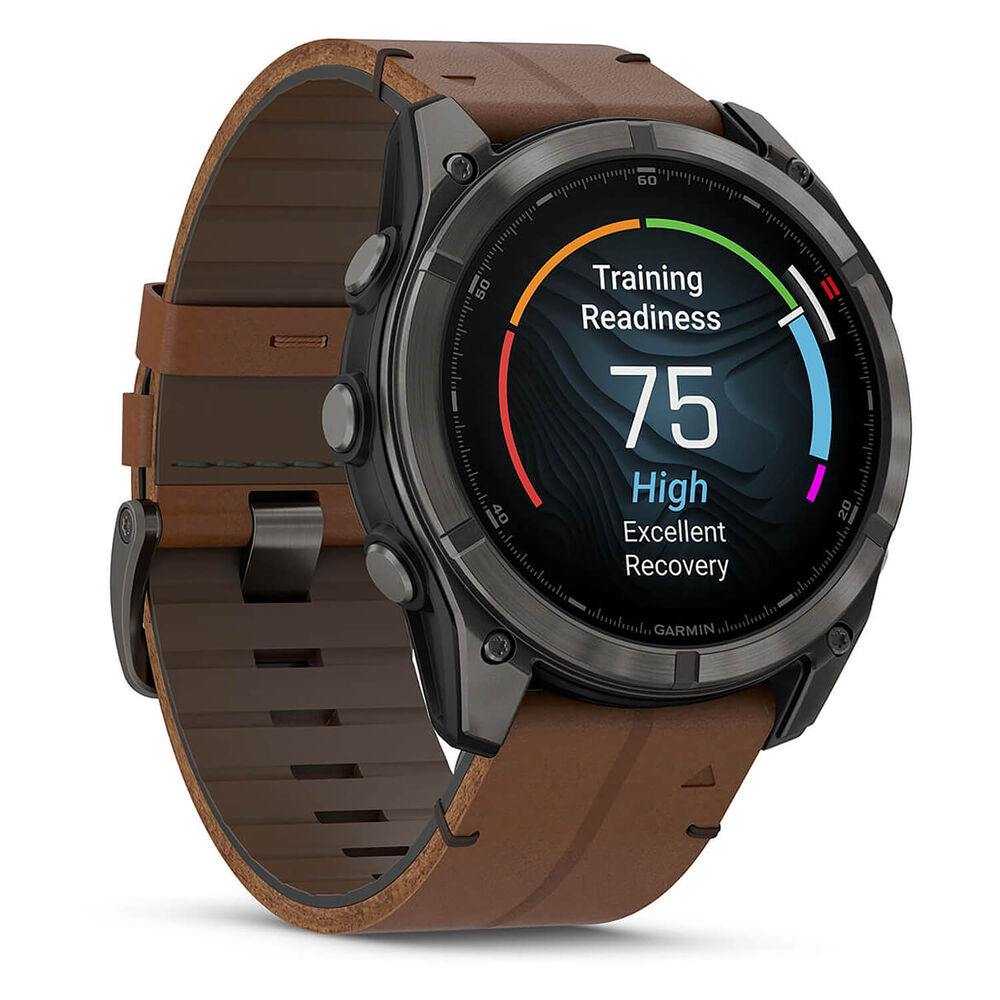 Garmin fenix 8 Pro AMOLED 51mm Carbon Grey DLC Titanium Case Brown Leather Strap Watch