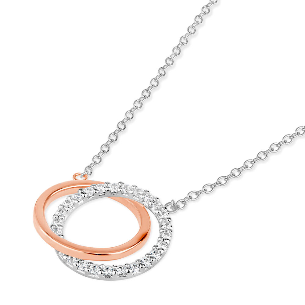 9ct White & Rose Gold Cubic Zirconia Double Circle Necklet image number 1