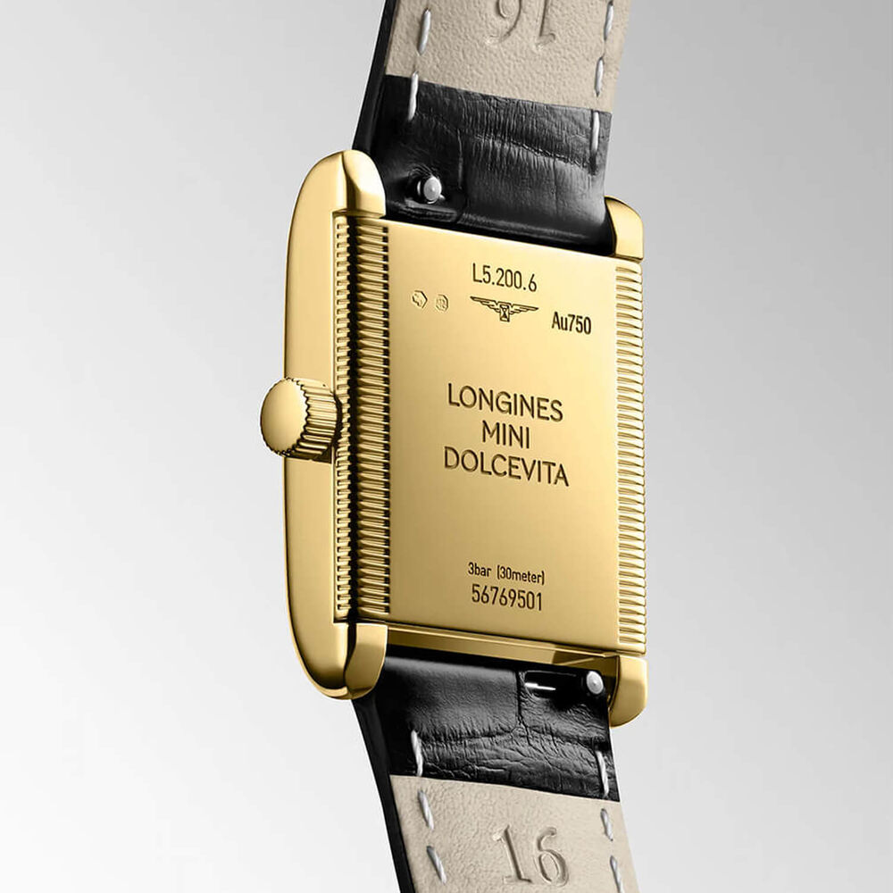 Longines MiniDolcevita 21.5x29mm Silver Dial 18k Yellow Gold Case Black Leather Strap Watch image number 1