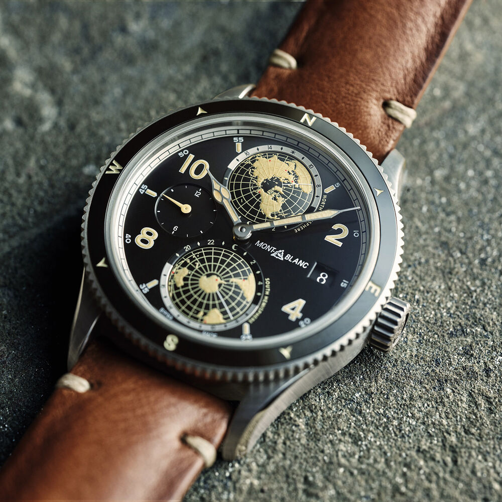 Pre-Owned Montblanc 1858 Geosphere 42mm Black Dial Brown Leather Strap Watch image number 1