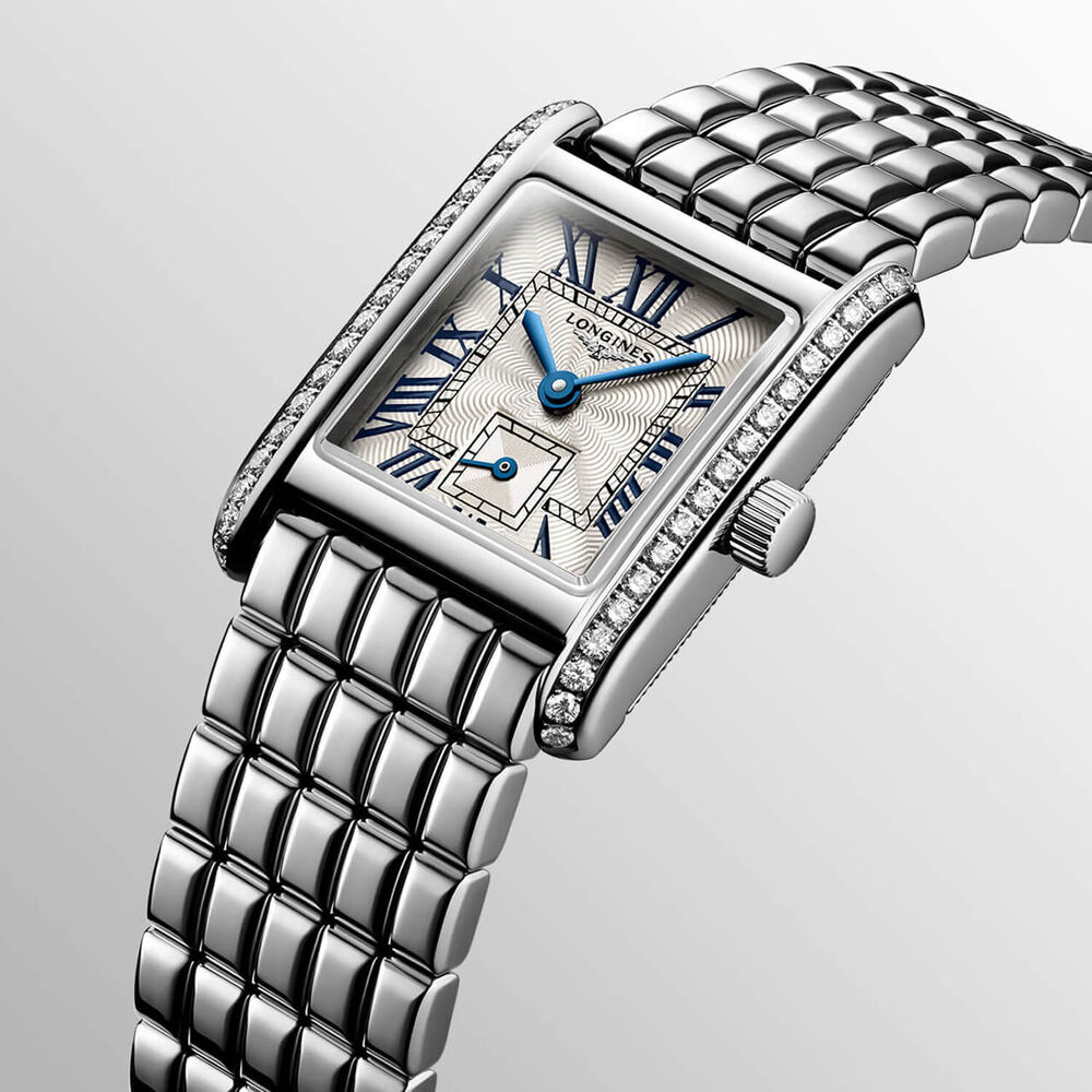 Longines MiniDolcevita 2023 29 X 21.50mm Silver "flinqu&eacute;" Blue Hands Dial Diamond Case Watch