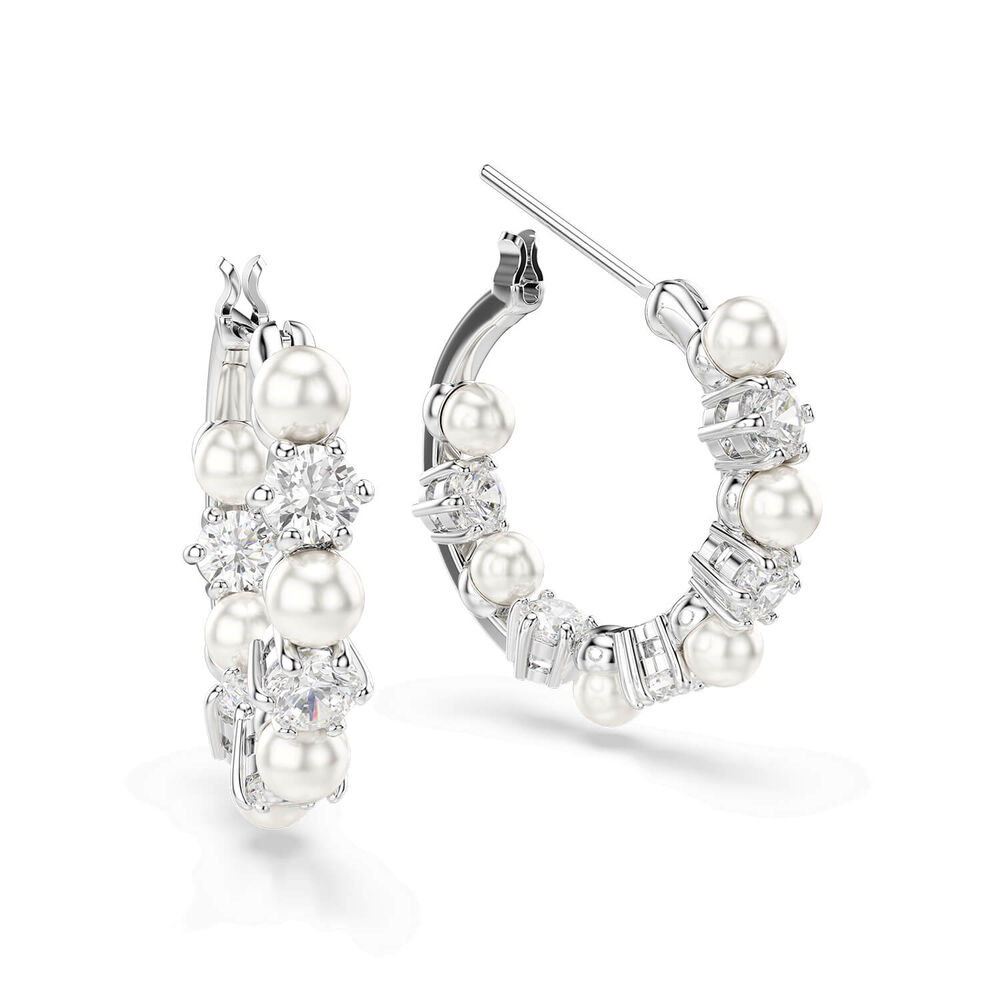Swarovski Matrix Cubic Zirconia & Crystal Pearl Rhodium Plated Hoop Earrings