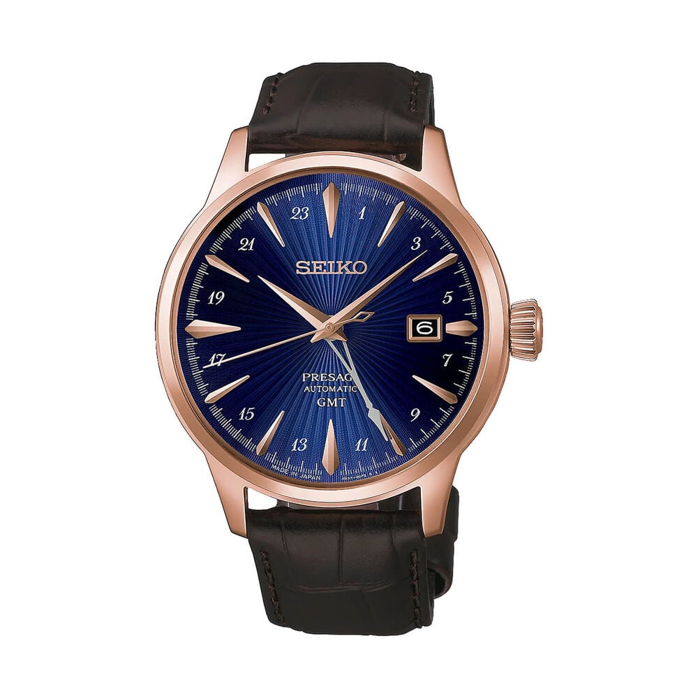 Seiko Presage Cocktail Time &lsquo;Corcovado&rsquo; GMT 40.5mm Blue Dial Black Leather Strap Watch