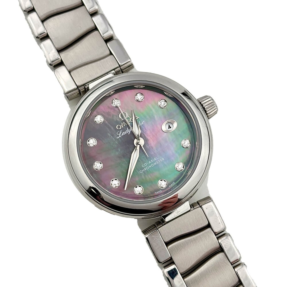 Pre-Owned OMEGA De Ville Ladymatic 34mm Black MOP Dial Diamond Dots Steel Bracelet Watch image number 1