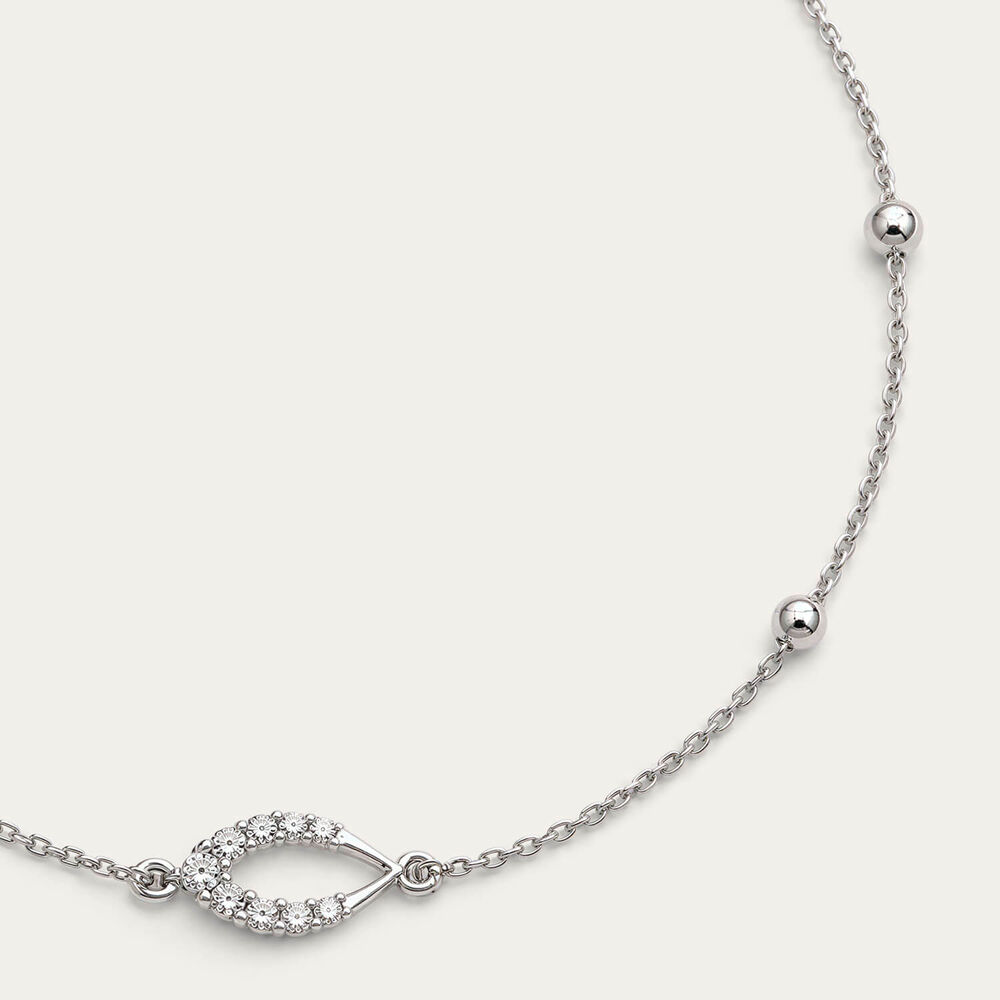 9ct White Gold Beaded Chain Open Oval Cubic Zirconia Set Charm Bracelet