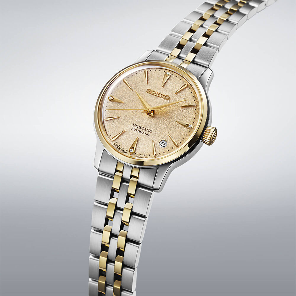 Seiko Presage 'Frozen Daiquiri' Diamond Cocktail Time 34mm Yellow Dial Steel Bracelet Watch image number 2
