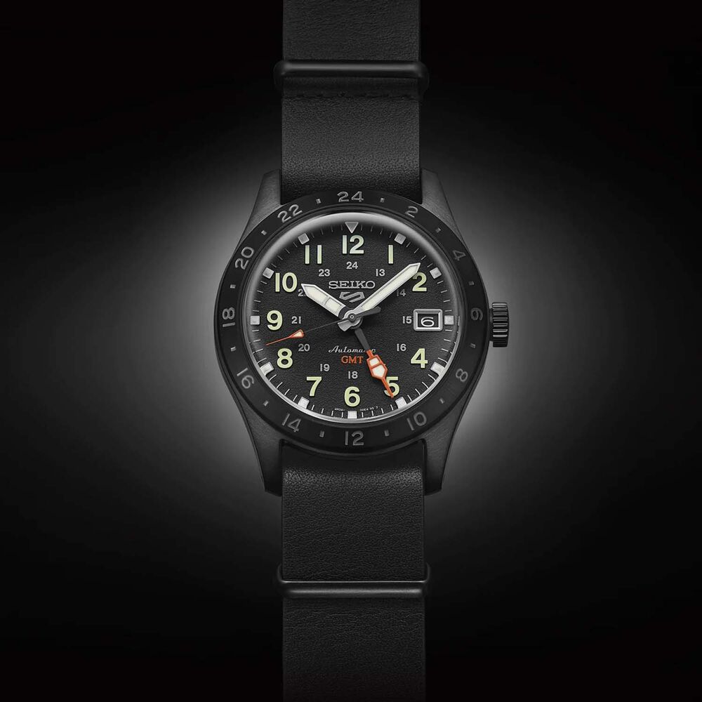 Seiko 5 Sports Fields 'Deception' Mechanical GMT 39.4mm Black Dial Leather Strap Watch image number 2