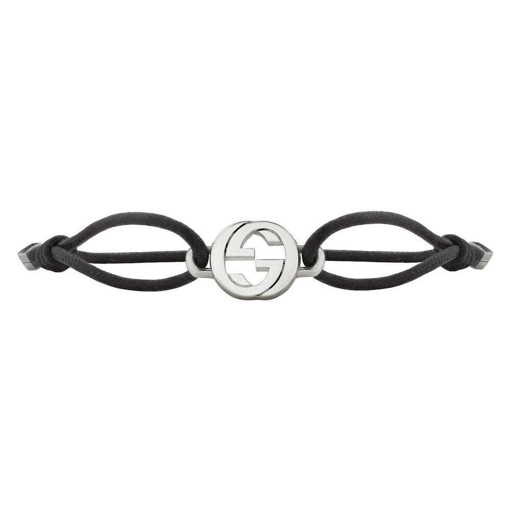 Gucci Interlocking G Sterling Silver Charm Black Cotton Cord Bracelet