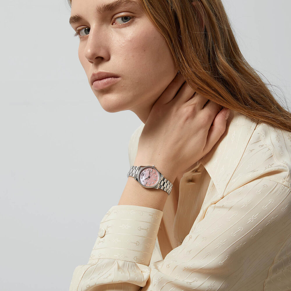 Gucci G-Timeless Quartz 29mm Pink MOP Dial Diamond Dots Steel Bracelet Watch image number 3