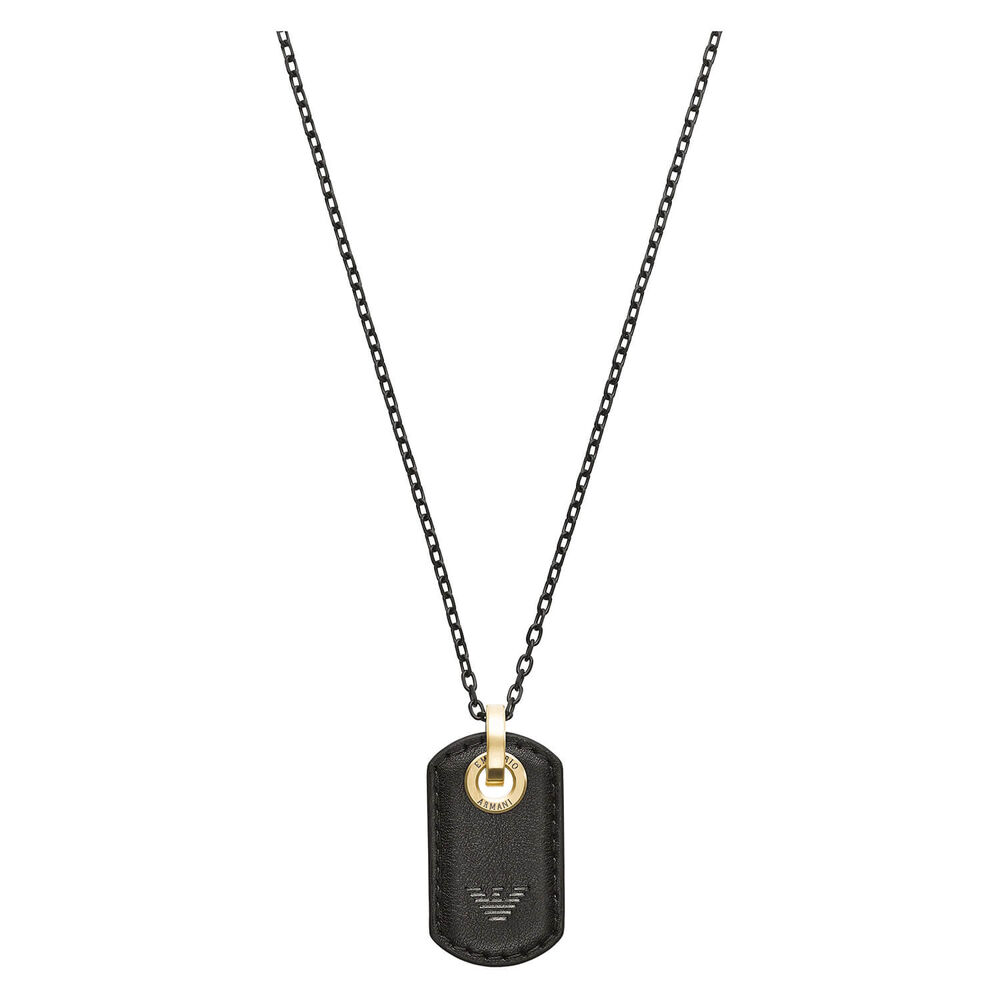 Emporio Armani Stainless Steel Black Leather Dog Tag Necklace