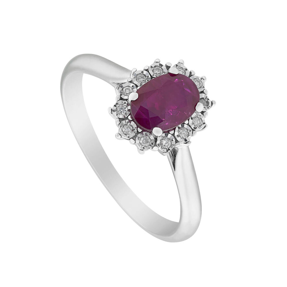 9ct white gold oval ruby and diamond cluster ring image number 0