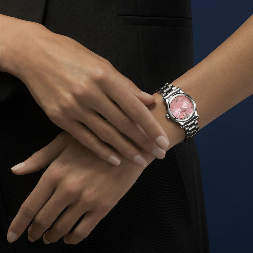 Chopard Happy Sport 30mm Pink Dial 3 Diamond Steel Case Watch image number 4