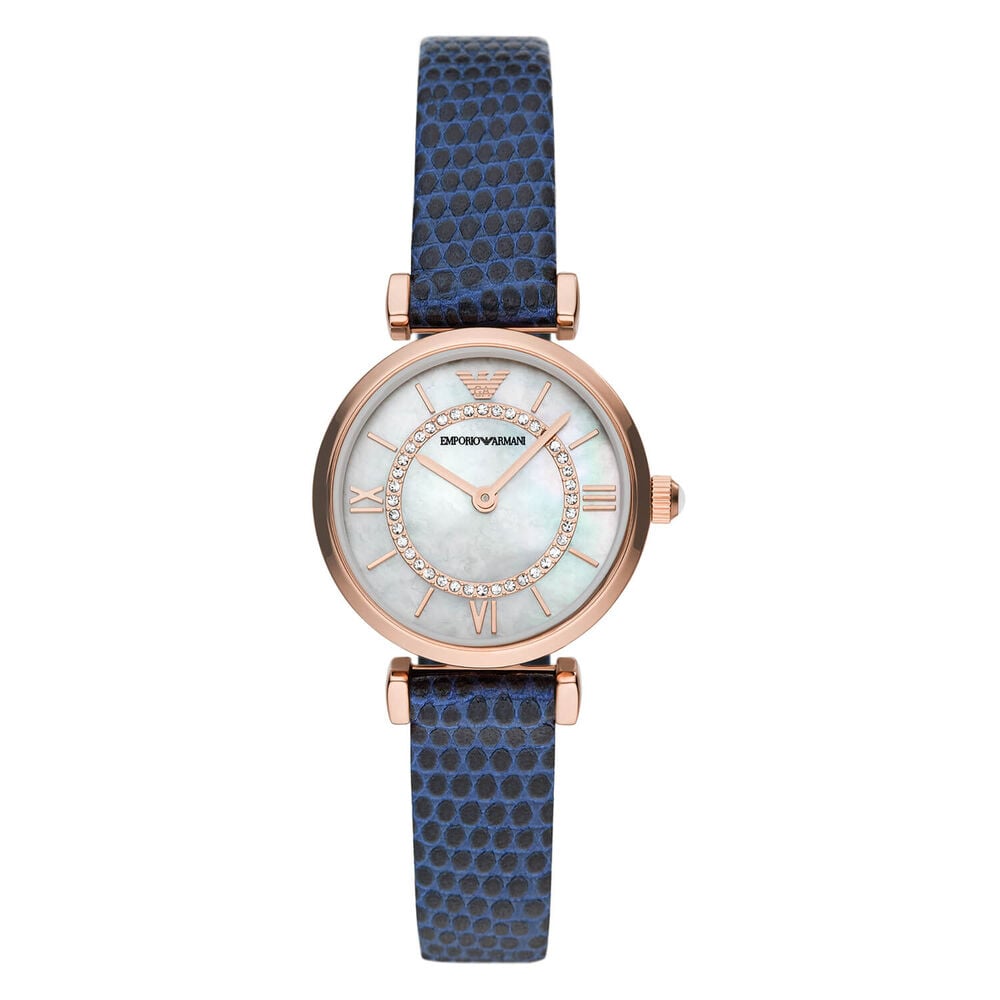 Emporio Armani Gianni T-Bar 28mm Mother of Pearl Blue Leather Strap Watch