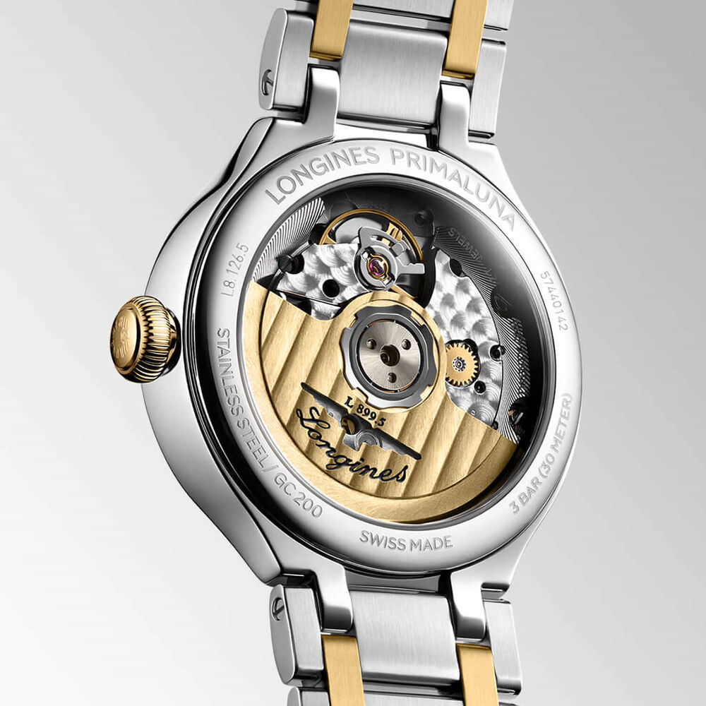 Longines Elegance Primaluna 34mm Moonphase Silver Dial Yellow Gold Bezel Steel Bracelet Watch image number 4