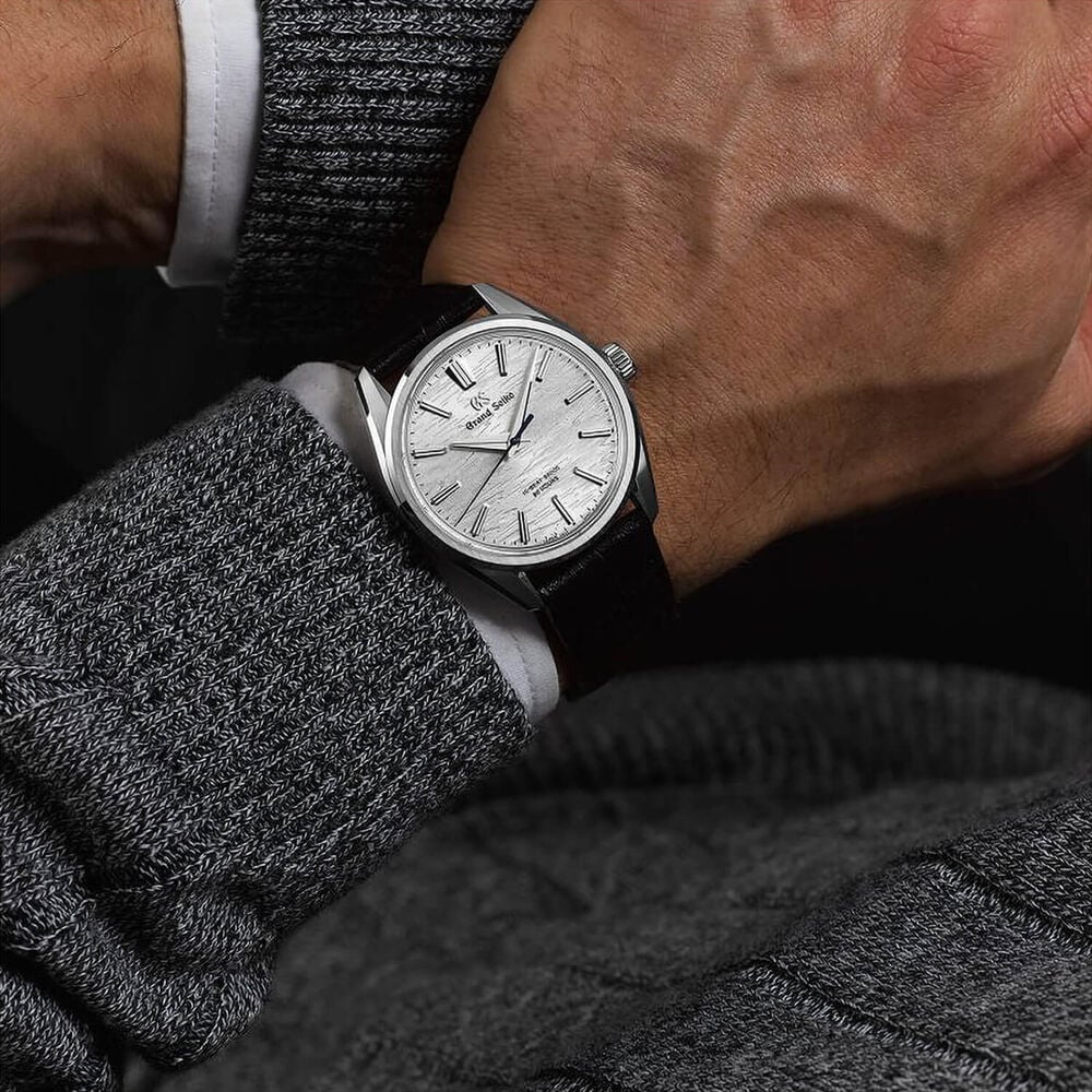 Grand Seiko Evolution 9 'Birch Bark' Titanium Hi-Beat 38.6mm Silver Dial Leather Strap Watch