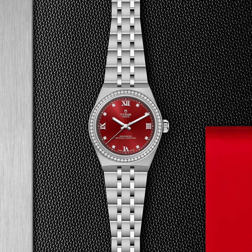 TUDOR Royal 30mm Burgundy Dial Diamond Bezel Steel Bracelet Watch