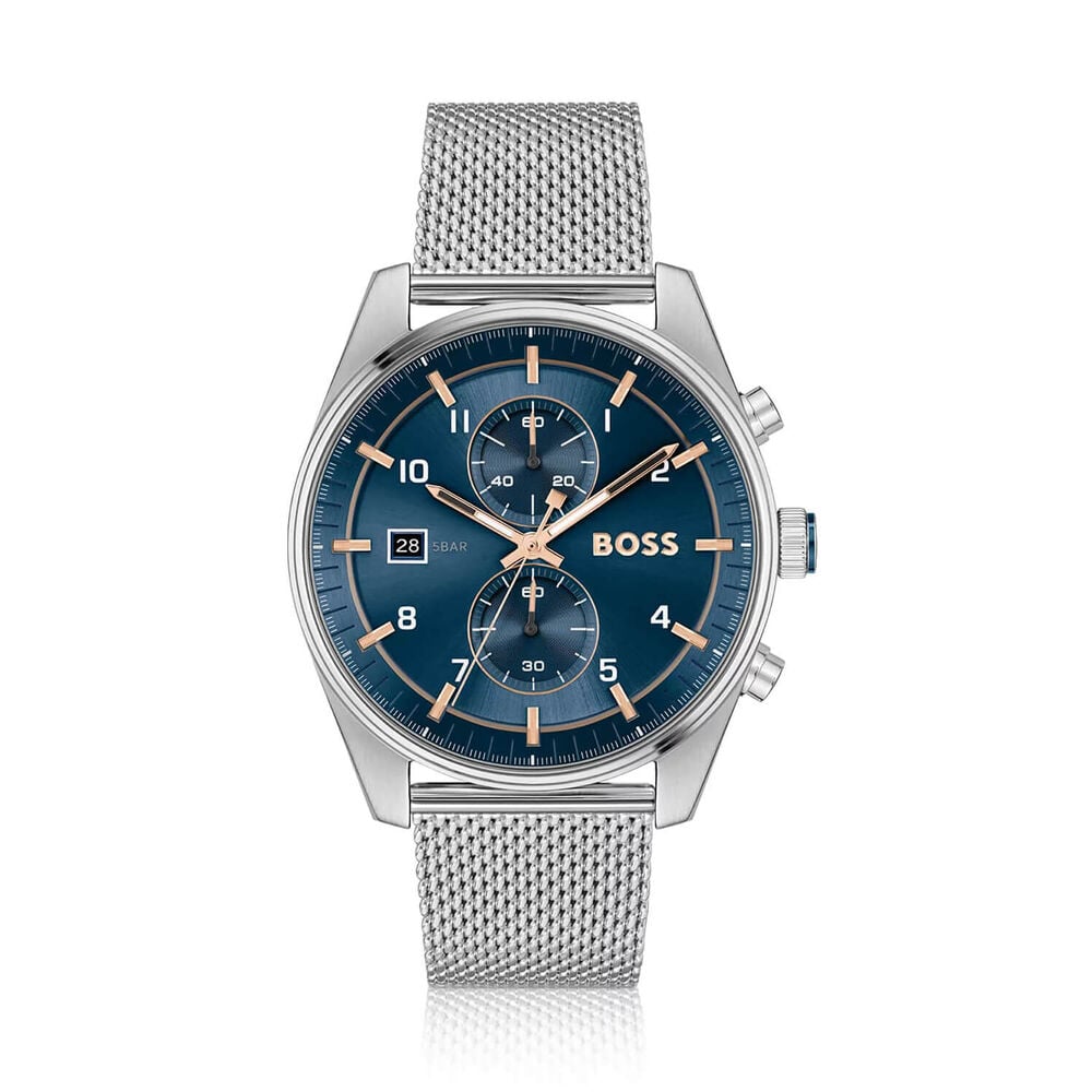 BOSS Skytraveller Chronograph 44mm Blue Dial Steel Mesh Bracelet Watch image number 0