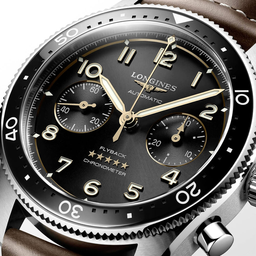 Longines Spirit Flyback 42mm Black Chronograph Dial Brown Strap Watch image number 3