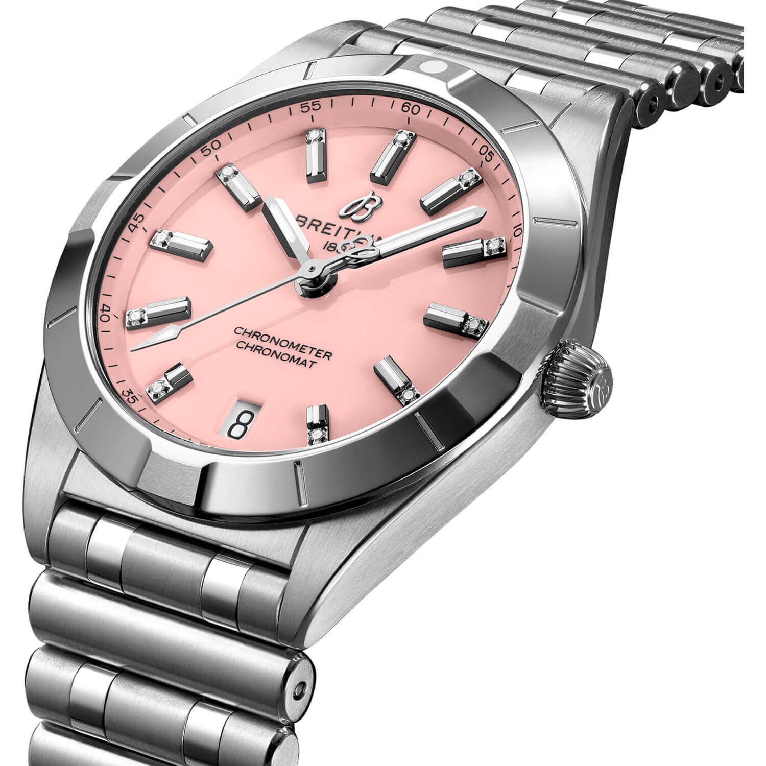 Breitling Chronomat 32mm Pink Dial Steel Case Bracelet Watch at