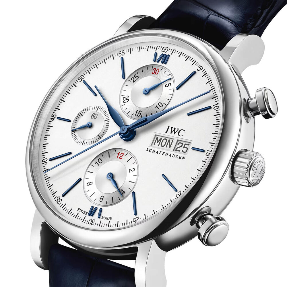 IWC Schaffhausen Portofino Chronograph 42mm Silver Dial Blue Leather Strap Watch image number 1