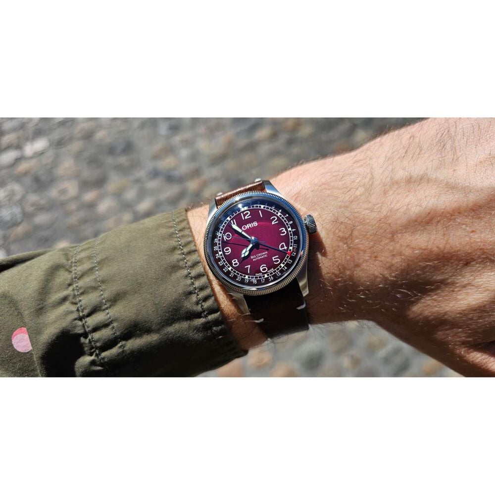 Oris x Cervo Volante Big Crown 40mm Burgundy Dial Brown Leather Strap Watch