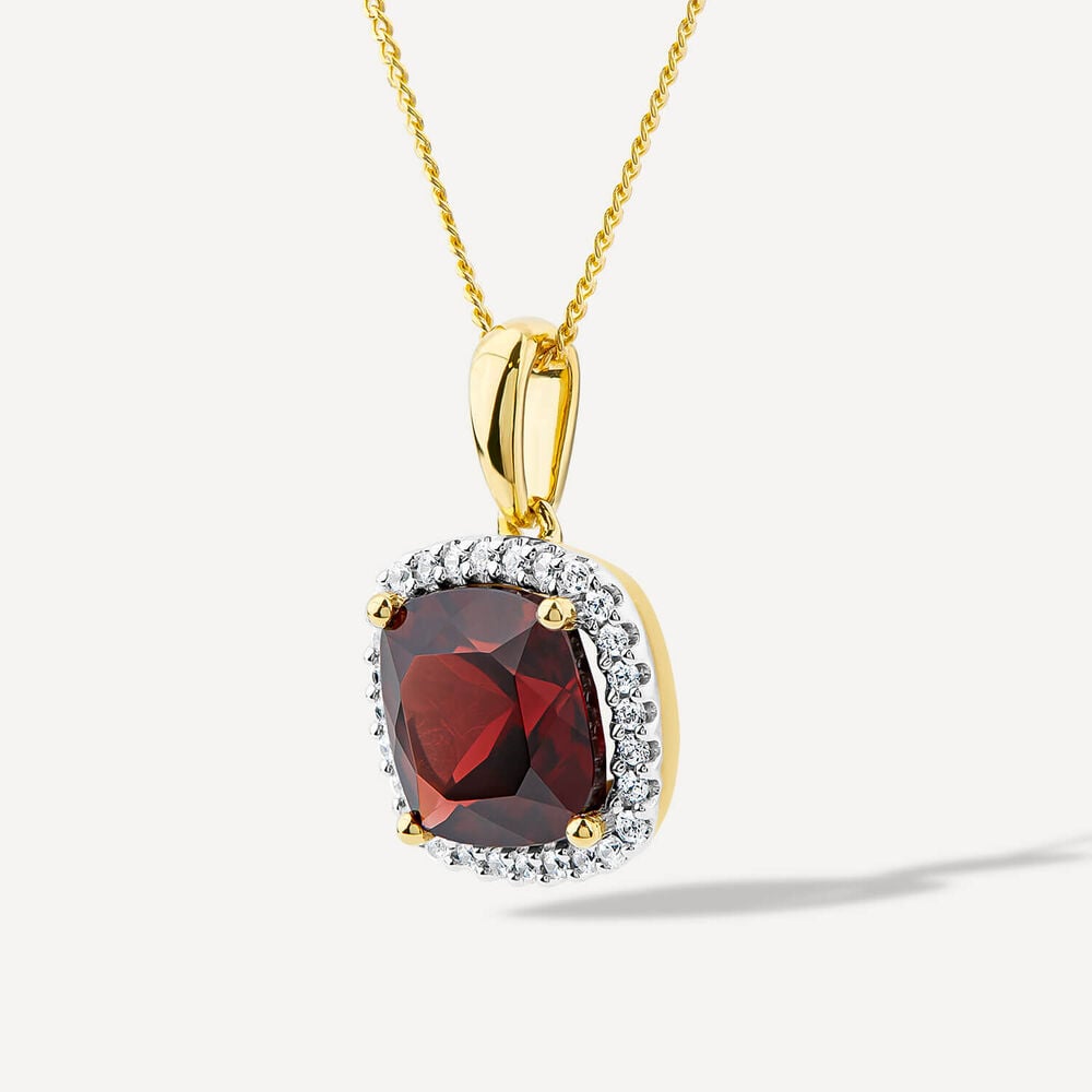 9ct Yellow Gold Cushion Garnet & 0.15ct Diamond Pendant image number 1