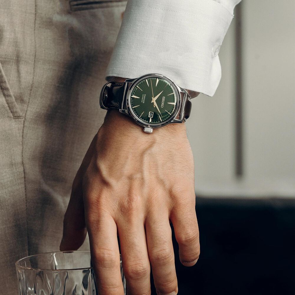 Seiko Presage Cocktail Time &lsquo;Mockingbird&rsquo; 40.5mm Green Dial Brown Leather Strap Watch