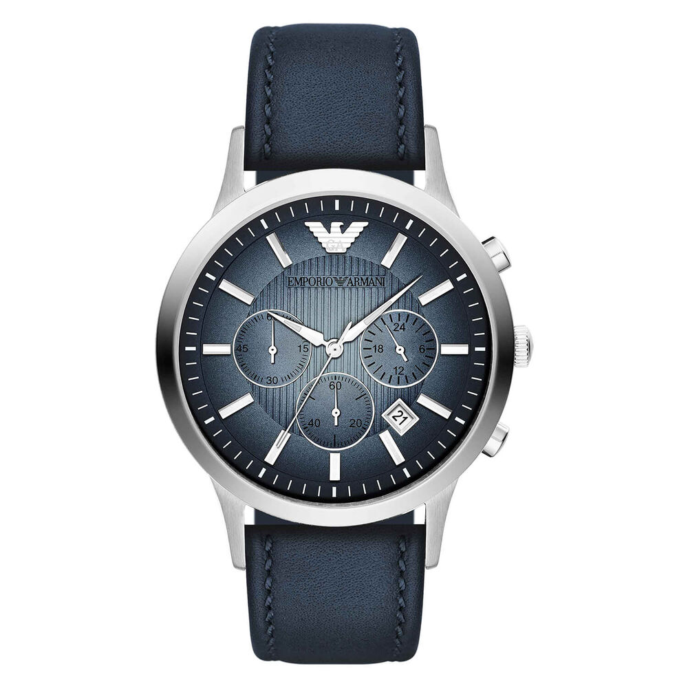 Emporio Armani men's chronograph blue leather strap watch image number 0