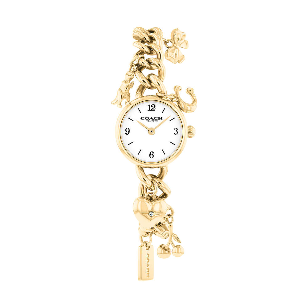 Coach Iris 22mm White Dial Gold Tone Steel Charm Bracelet Watch