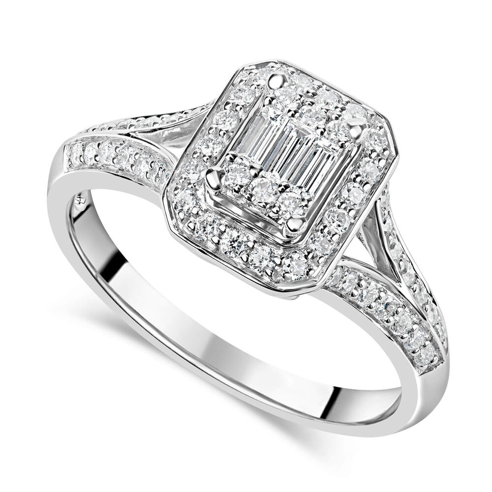 18ct White Gold Baguette Centre 0.50 Carat Diamond Frame Split Shoulders Ring