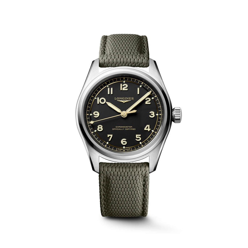 Longines Spirit Pilot 39mm Black Dial Green Textile-Style Rubber Strap Watch image number 0