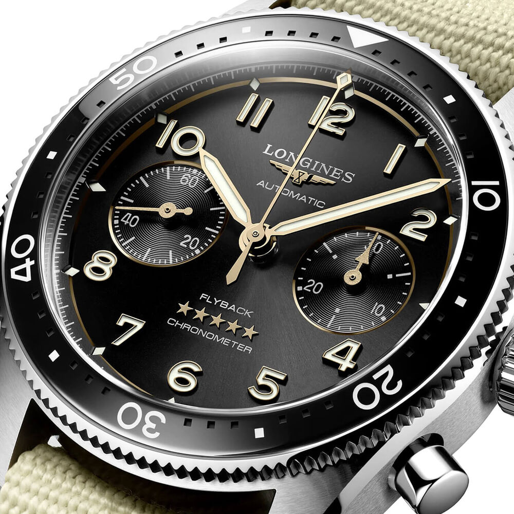 Longines Spirit Flyback 42mm Black Chronograph Dial Beige Strap Watch image number 3