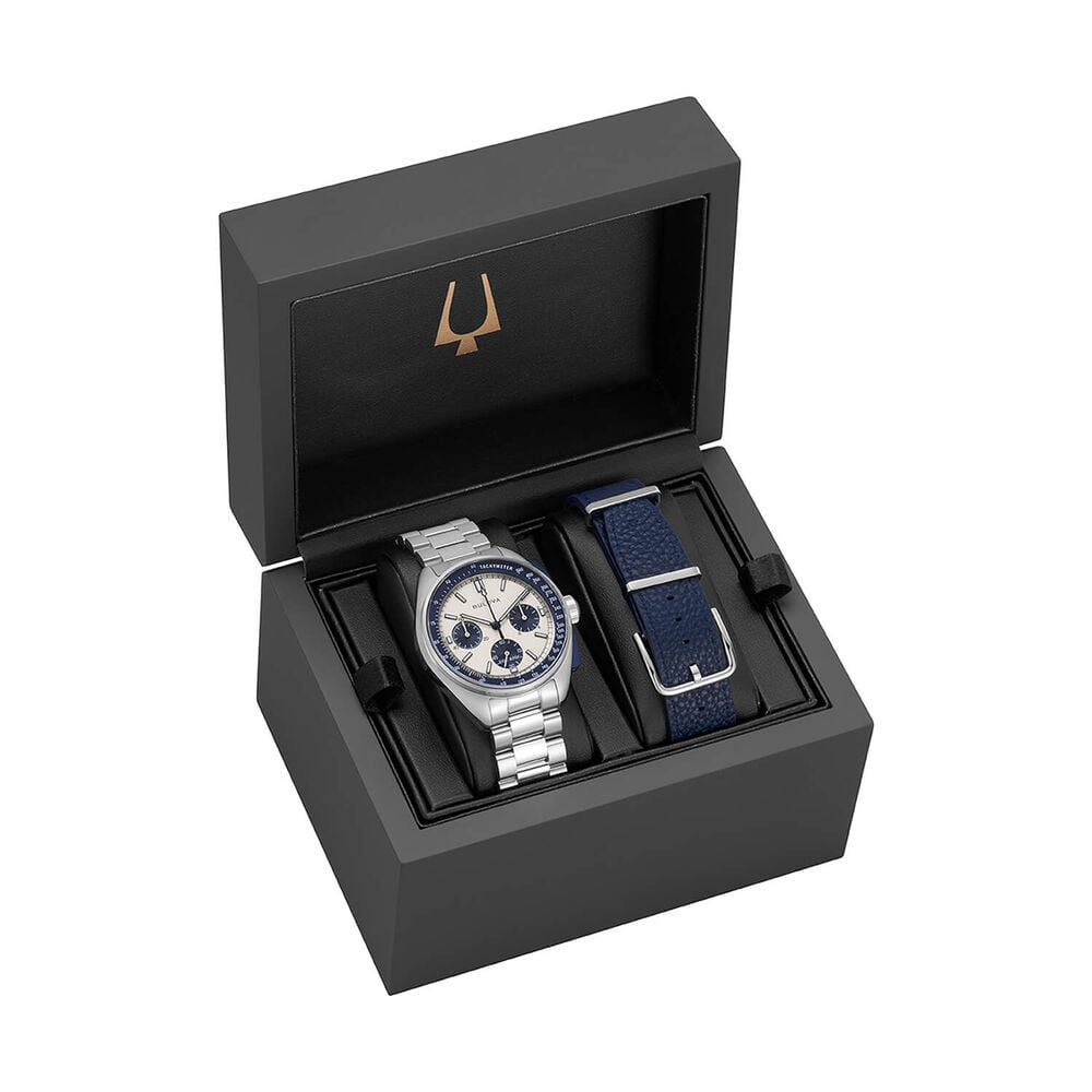Bulova Lunar Pilot 43.5mm Blue & Silver Dial Steel Bracelet & Blue Leather Strap Set Watch image number 6