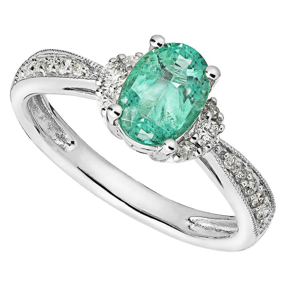 18ct white gold emerald and 0.15 carat diamond ring image number 0