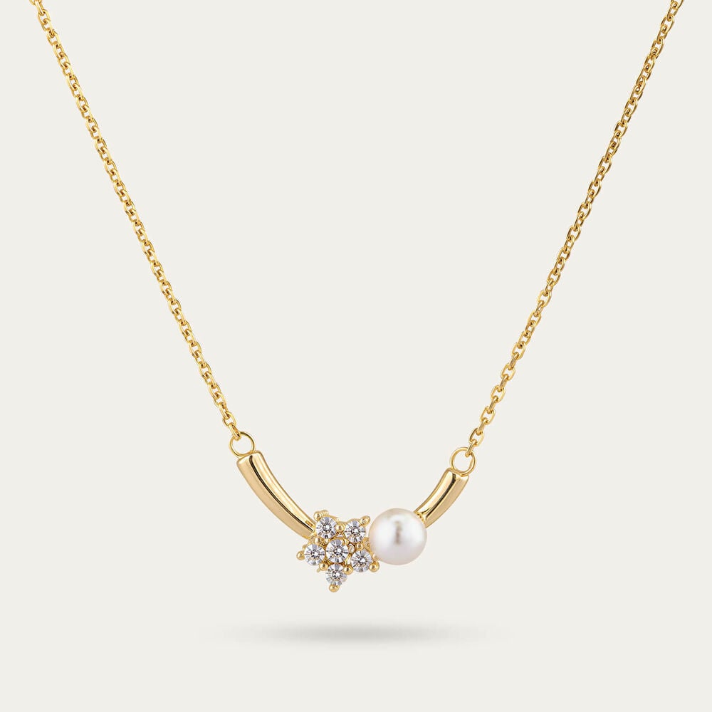 Yellow Gold Plated Sterling Silver Cubic Zirconia Flower & Pearl Bar Necklet
