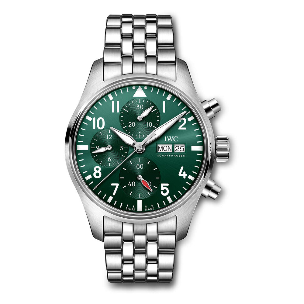 IWC Schaffhausen Pilot's Chronograph 41 Green Dial Steel Case Bracelet Watch