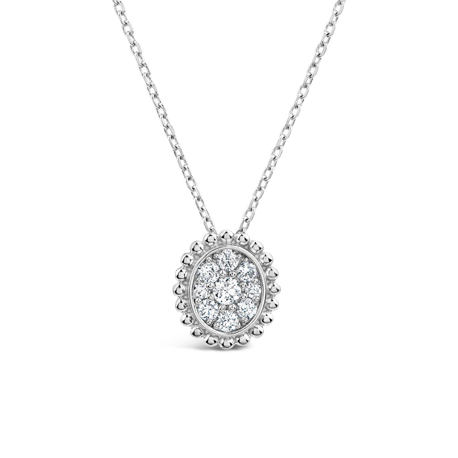 9ct White Gold 0.15ct Diamond Mystere Beaded Oval Pendant