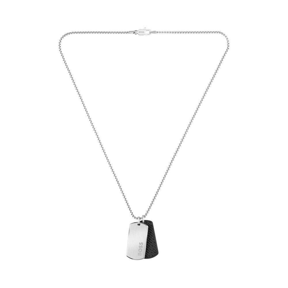 BOSS Devon Double Tag Pendant Silver Tone Stainless Steel Necklace image number 0