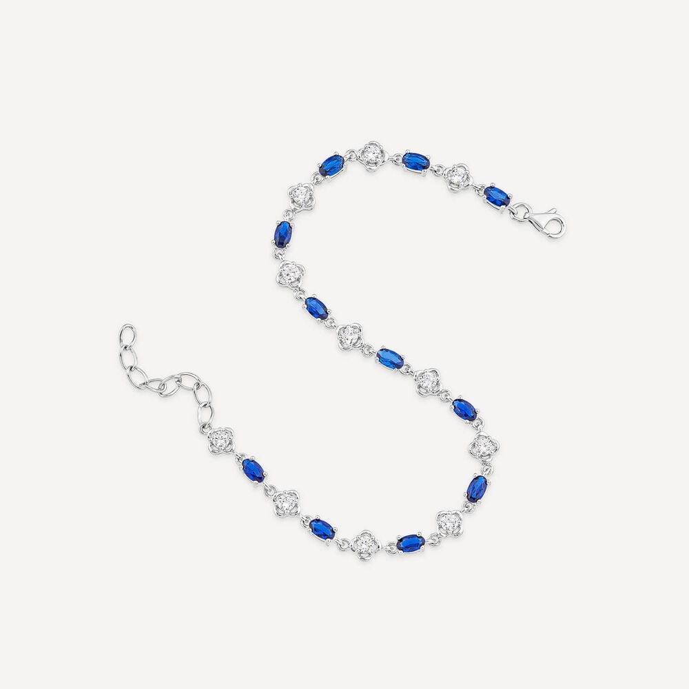 Sterling Silver Cubic Zirconia Flower & Blue Stone Bracelet image number 3