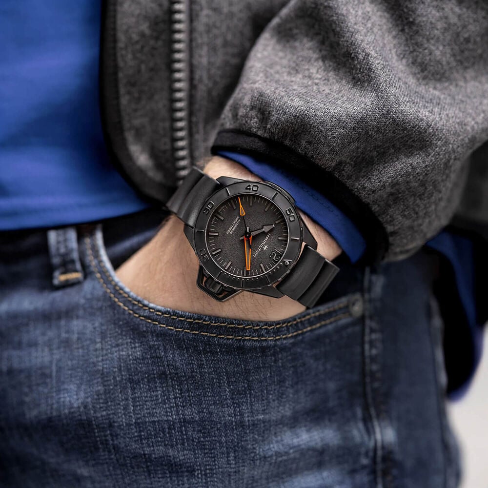 Hamilton Khaki Navy Frogman 46mm Black Dial PVD Case Rubber Strap Watch image number 5