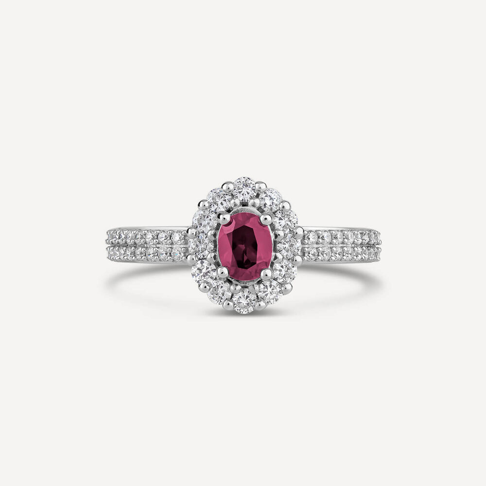 18ct White Gold Ruby With 0.55ct Diamond Cluster Double Diamond Shoulders Ring image number 1