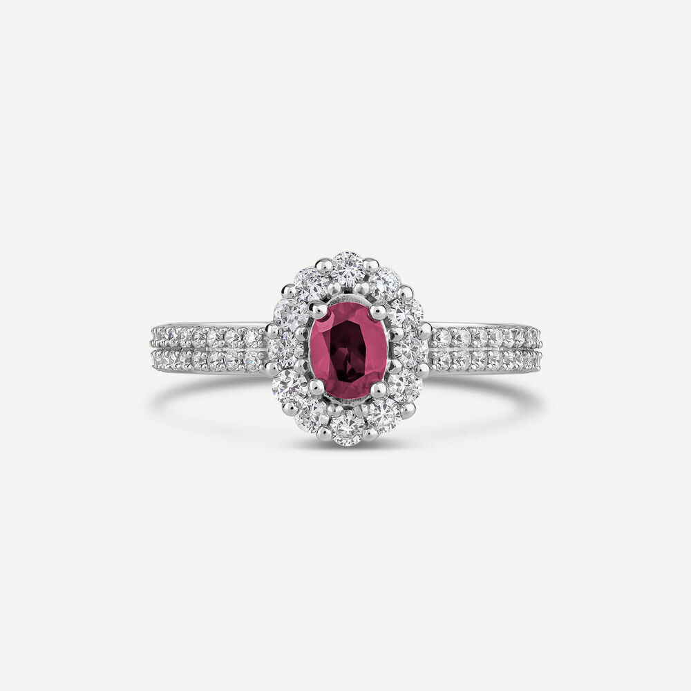 18ct White Gold Ruby With 0.55ct Diamond Cluster Double Diamond Shoulders Ring image number 1
