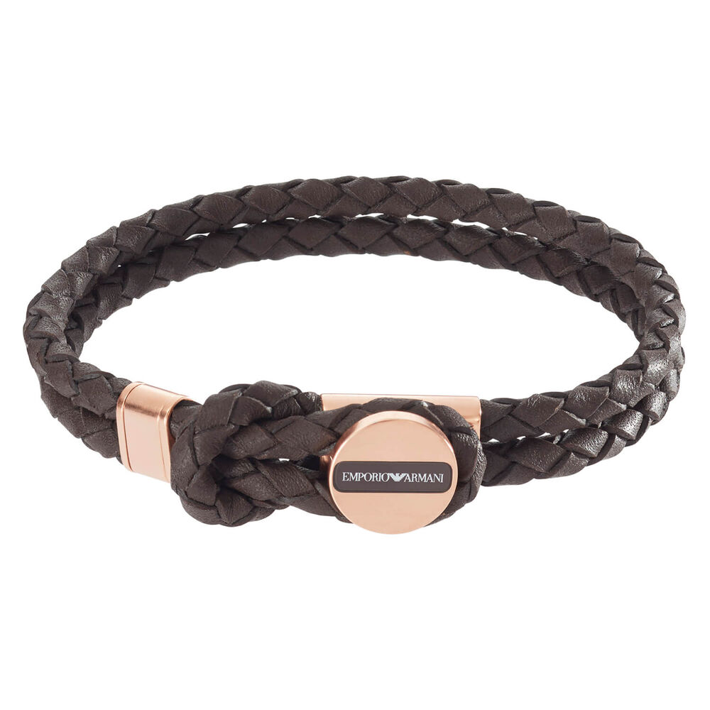 Emporio Armani Rose Gold Plated Brown Leather Mens Bracelet