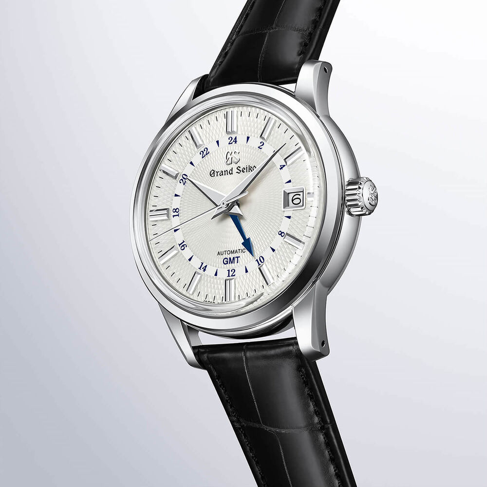 Grand Seiko 'Snowdrop' Contemporary Classics GMT 39.5mm White Dial Black Leather Strap Watch