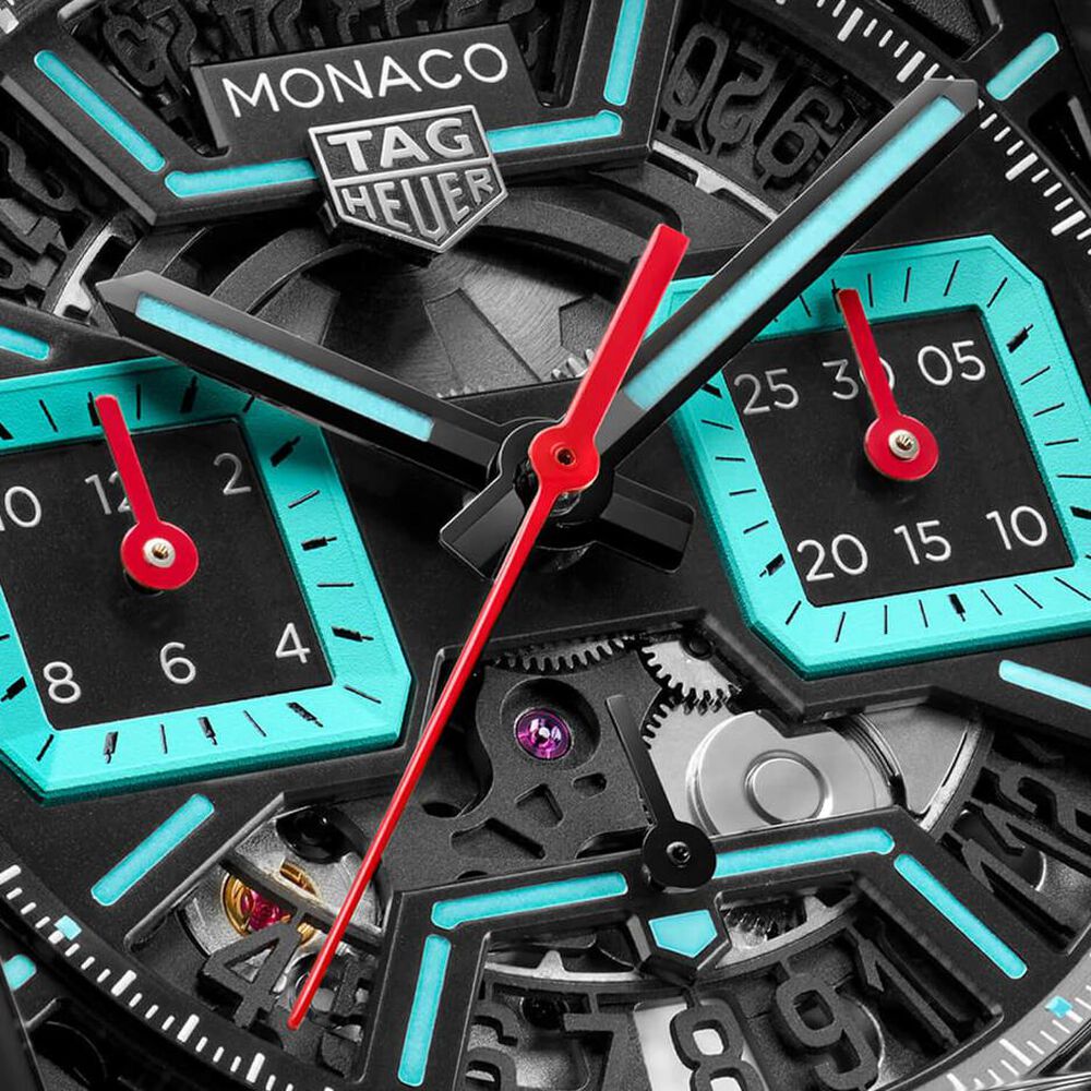 TAG Heuer Monaco Chronograph 39mm Black Skeleton Dial Turqoise Accents Rubber Strap Watch image number 3