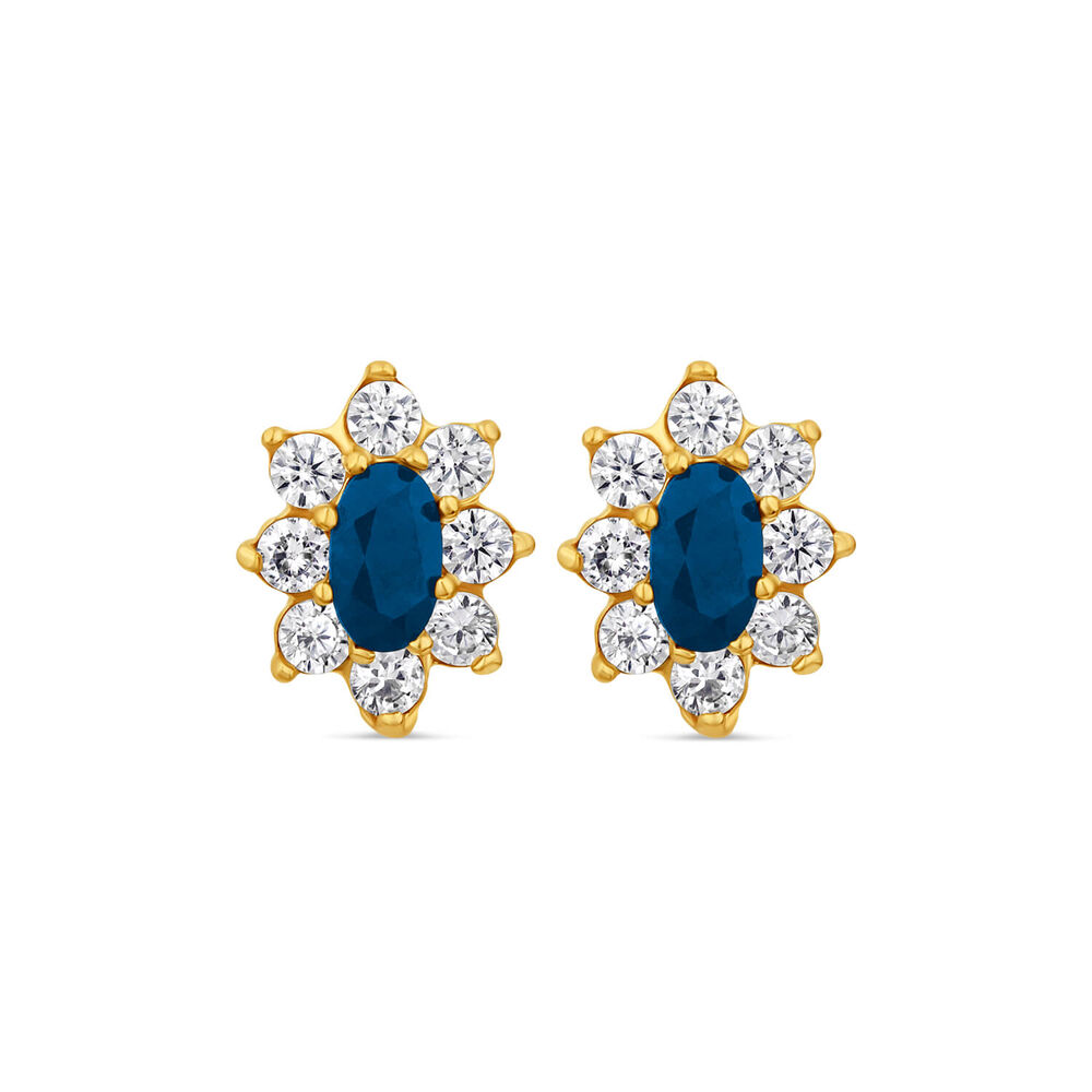 9ct Yellow Gold Sapphire & Cubic Zirconia Claw Set Stud Earrings