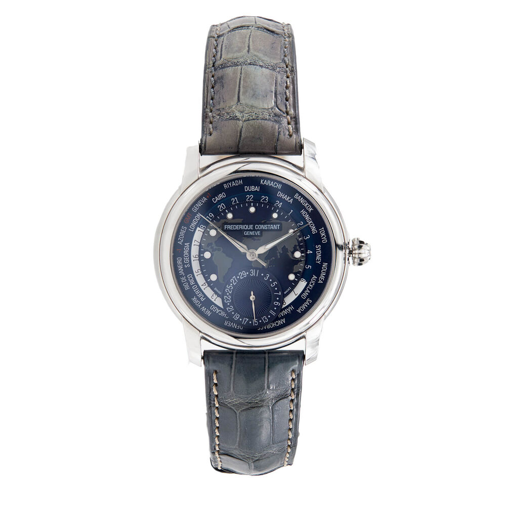 Pre-Owned Frederique Constant Classics Worldtimer 42mm Blue Dial Leather Strap Watch