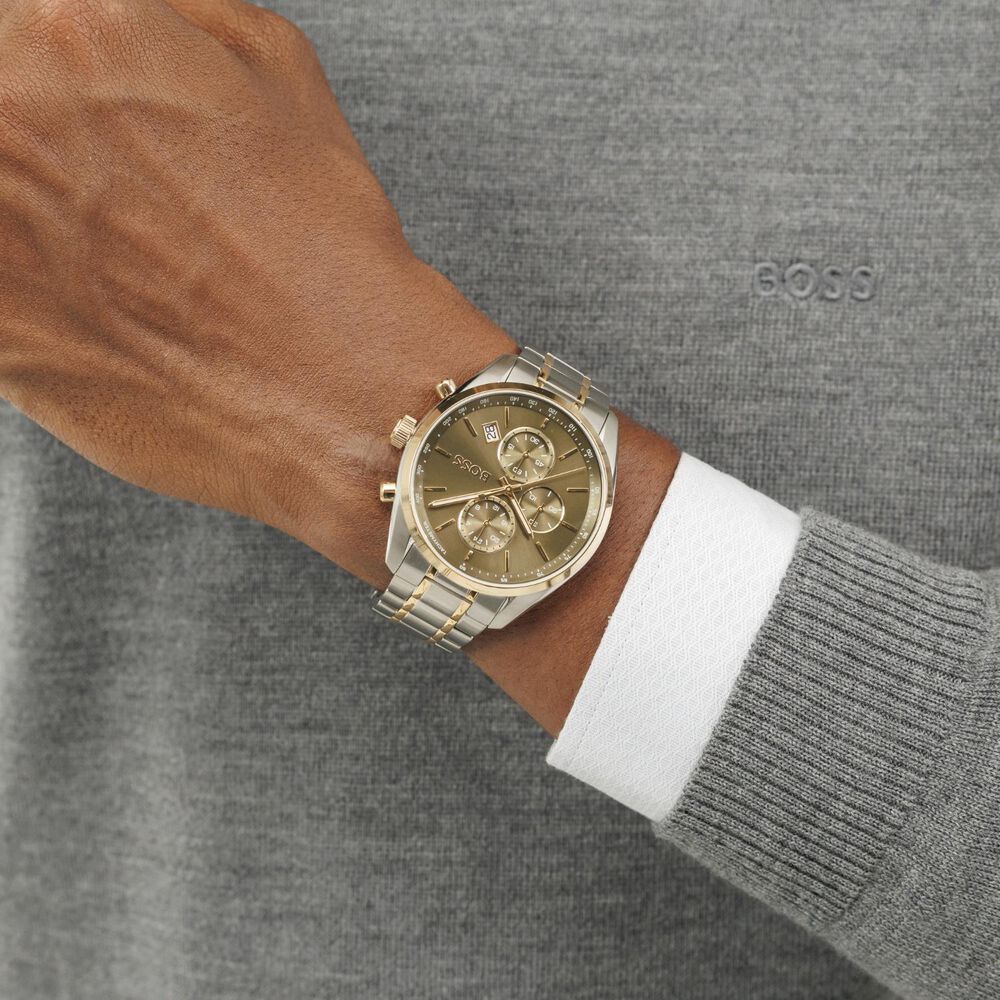BOSS Grand Prix 44mm Green Chronograph Dial Two Tone Steel Bracelet Watch image number 6