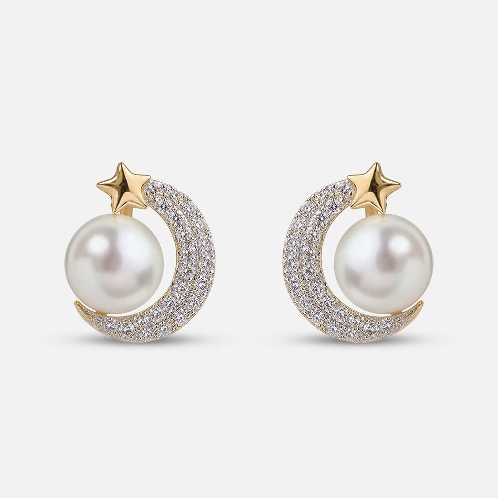 9ct Freshwater Pearl 0.13ct Pave Diamond Crescent Moon & Star Stud Earrings